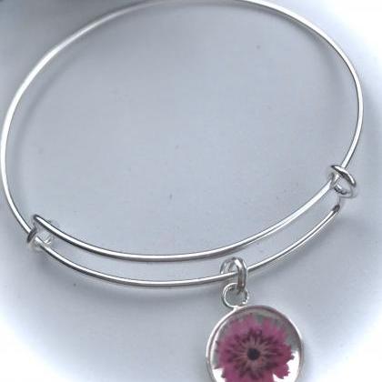 A Pop Of Pink - A Sterling Silver Flower Bangle