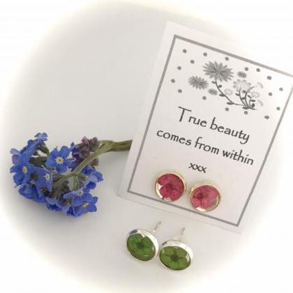 Set Of 3 Dried Flower Stud Earrings (choose Your..