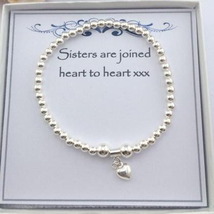Sterling Silver Puffed Heart Charm Sister Stretch..