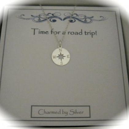 Sterling Silver Compass Charm Necklace With A..