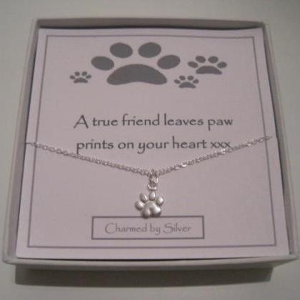 Sterling Silver Dog Paw Print Charm Necklace - A..