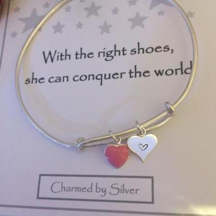 Sterling Silver Duo Heart Charm Extendable Bangle..