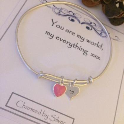 Sterling Silver Duo Heart Charm Extendable Bangle..