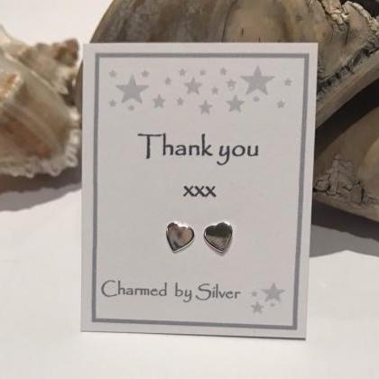 Sterling Silver Heart Stud Earrings With Thank You..