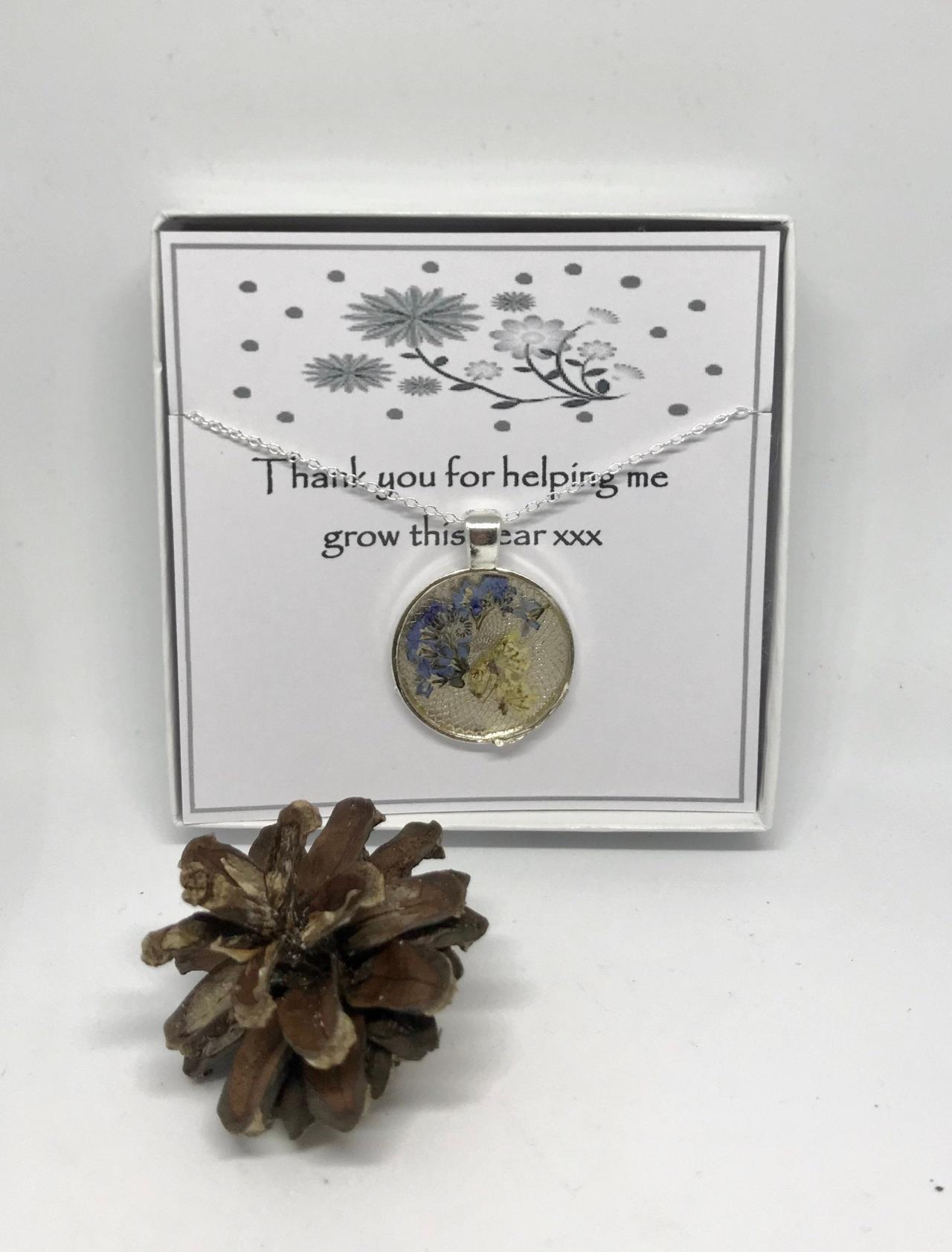 Teacher Thank You Gift - A Real Forget-me-not Flower Necklace With 'thank You For Helping Me To Grow This Year'