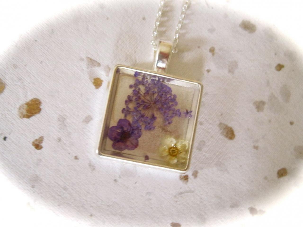 Memories Of Flowers - A Purple And White Dried Flower Memory Necklace With A Beautiful Message