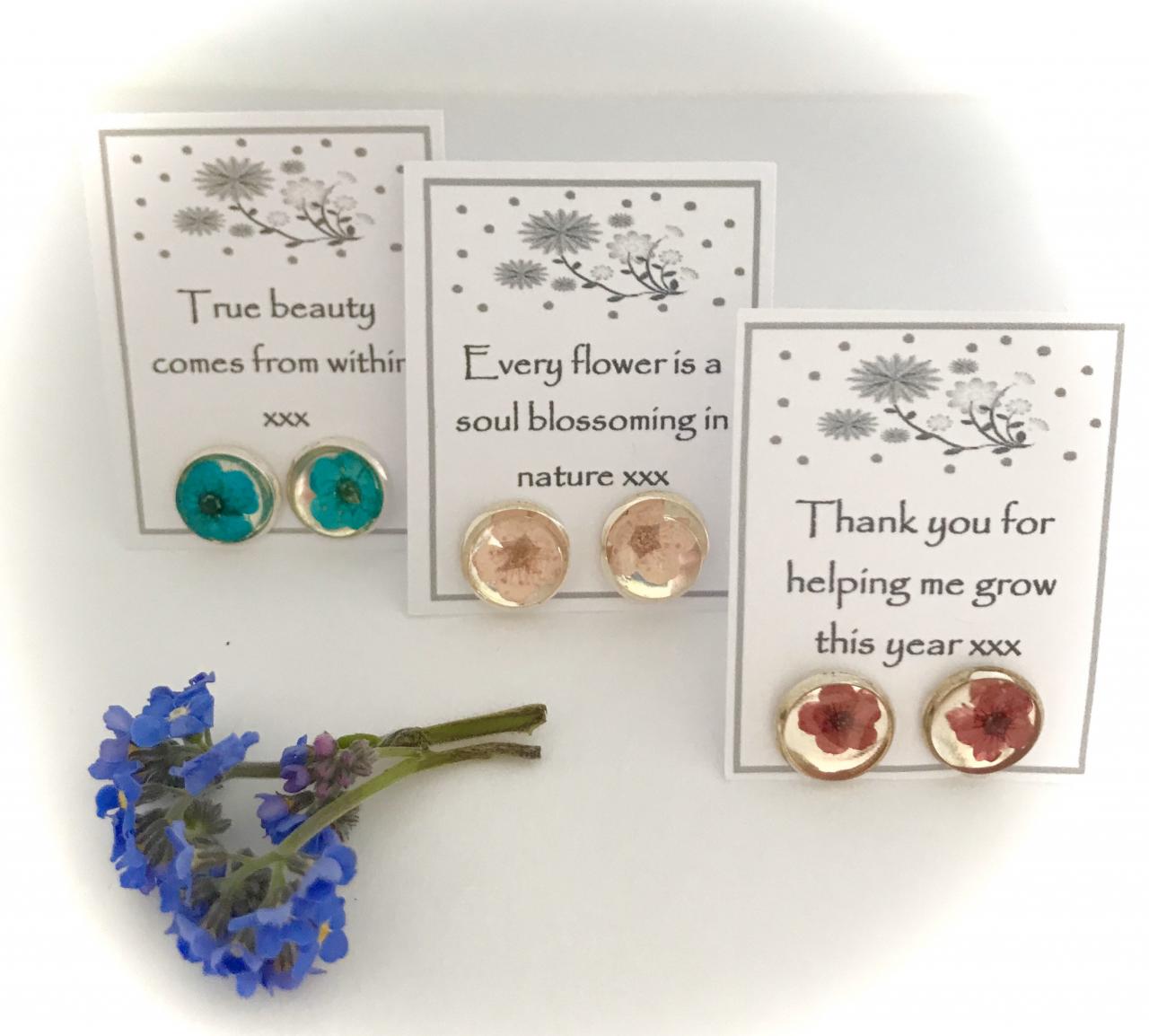 Set Of 3 Dried Flower Stud Earrings (choose Your Colour) With A Message