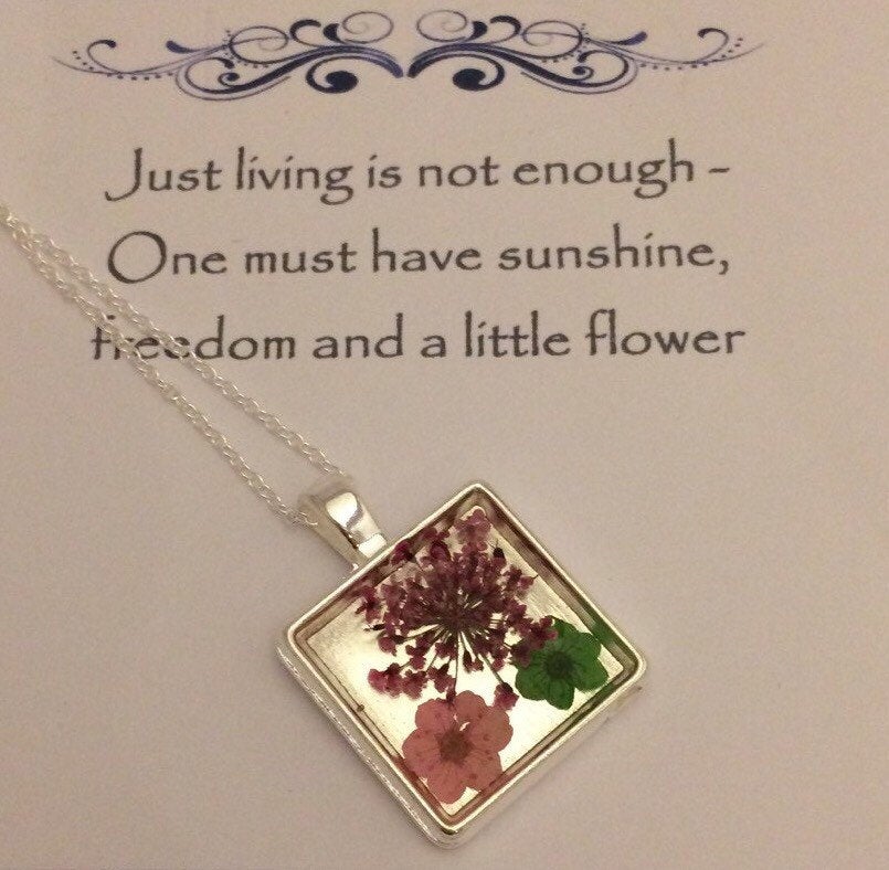 Memories of Flowers - a bright dried flower Memory Necklace with a flower message