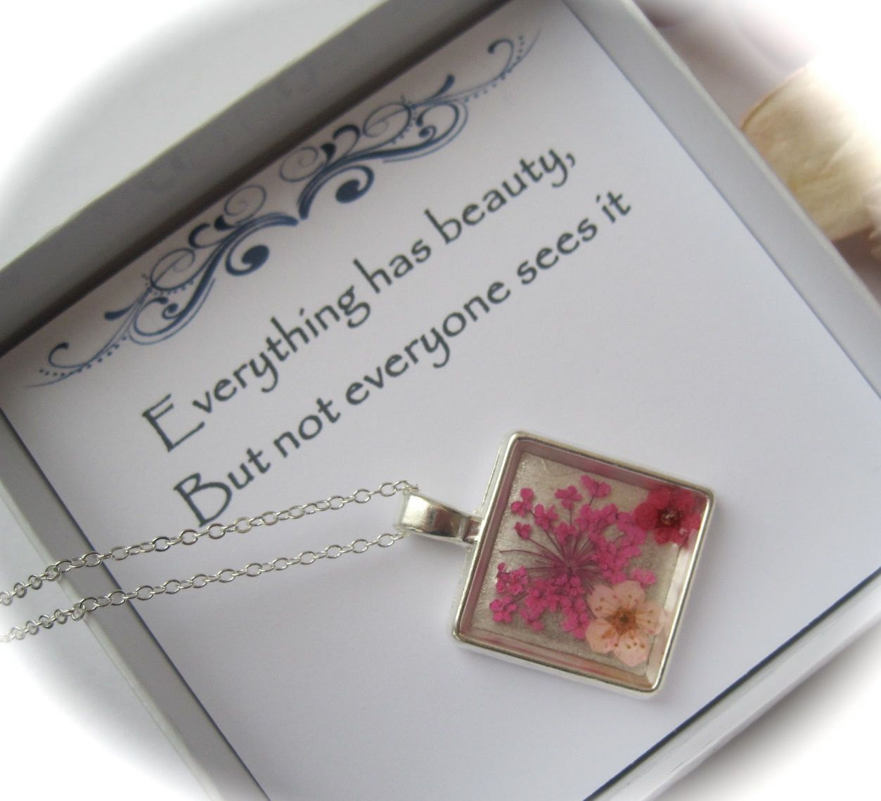 Memories Of Flowers - A Bright Pink And White Dried Flower Memory Necklace With A Beautiful Message