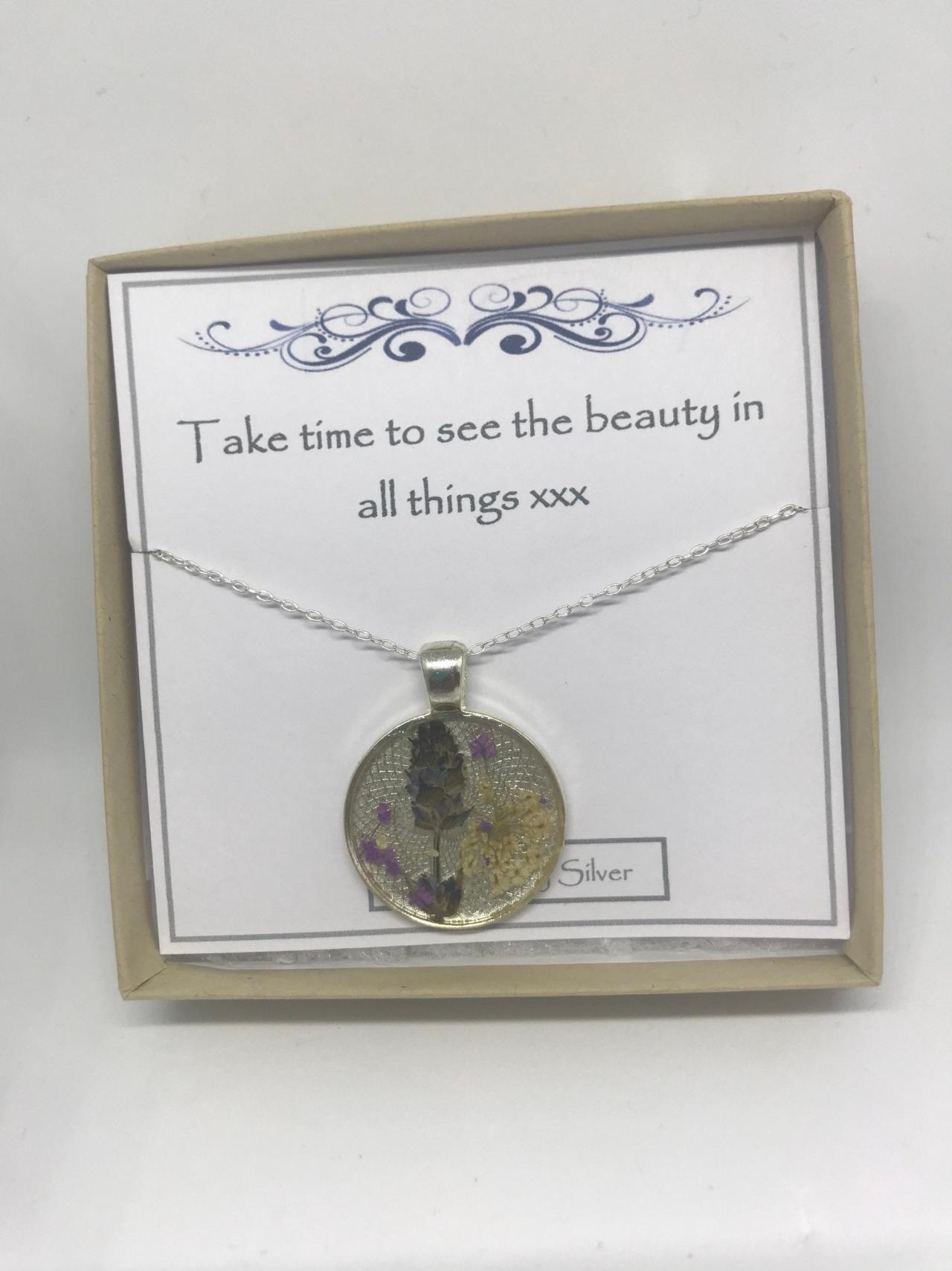 Memories Of Flowers - A Dried Lavender And Cream Flower Memory Necklace