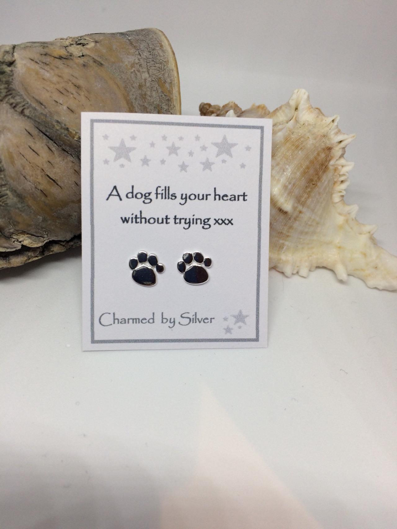 Sterling Silver Dog Paw Print Stud Earrings With Message