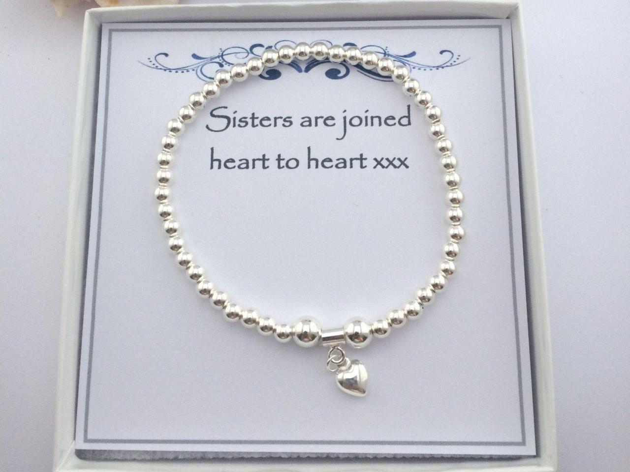 Sterling Silver Puffed Heart Charm Sister Stretch Bead Bracelet