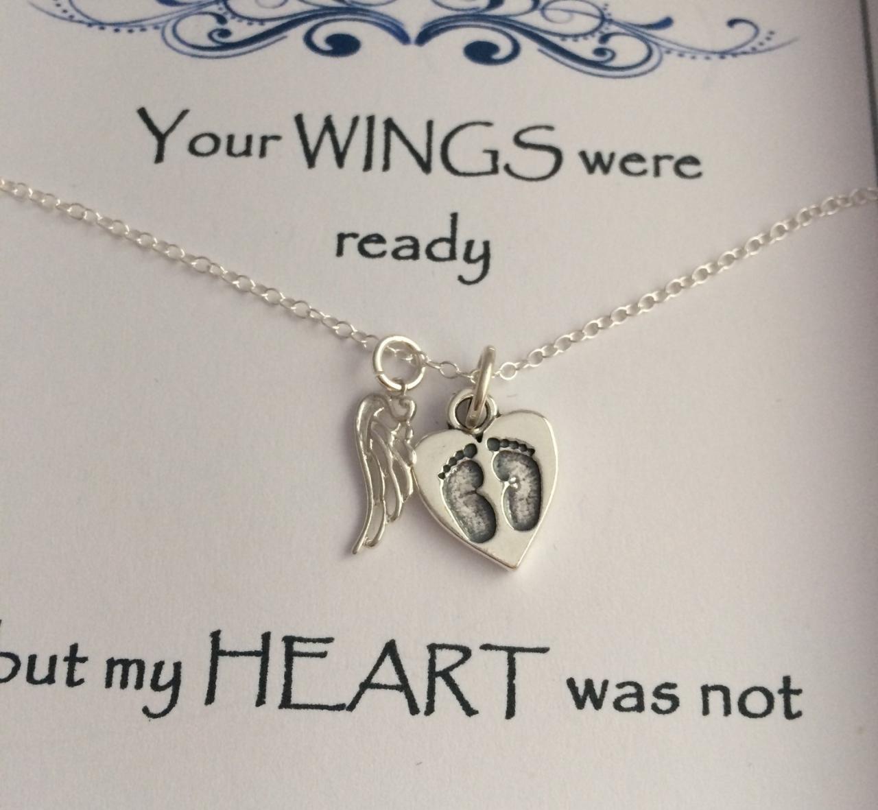 Keepsake Remembrance Sterling Silver Heart Baby Footprints & Angel Wing Necklace Your Wings Were Ready But My Heart Was Not
