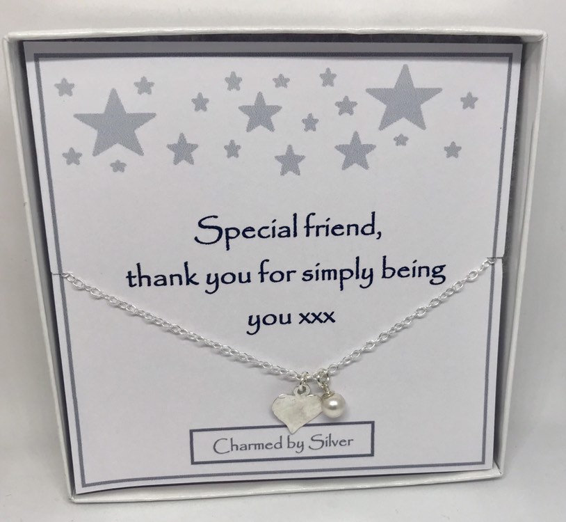 A Special Friend - A Sterling Silver Freshwater Pearl & Hammered Heart Necklace
