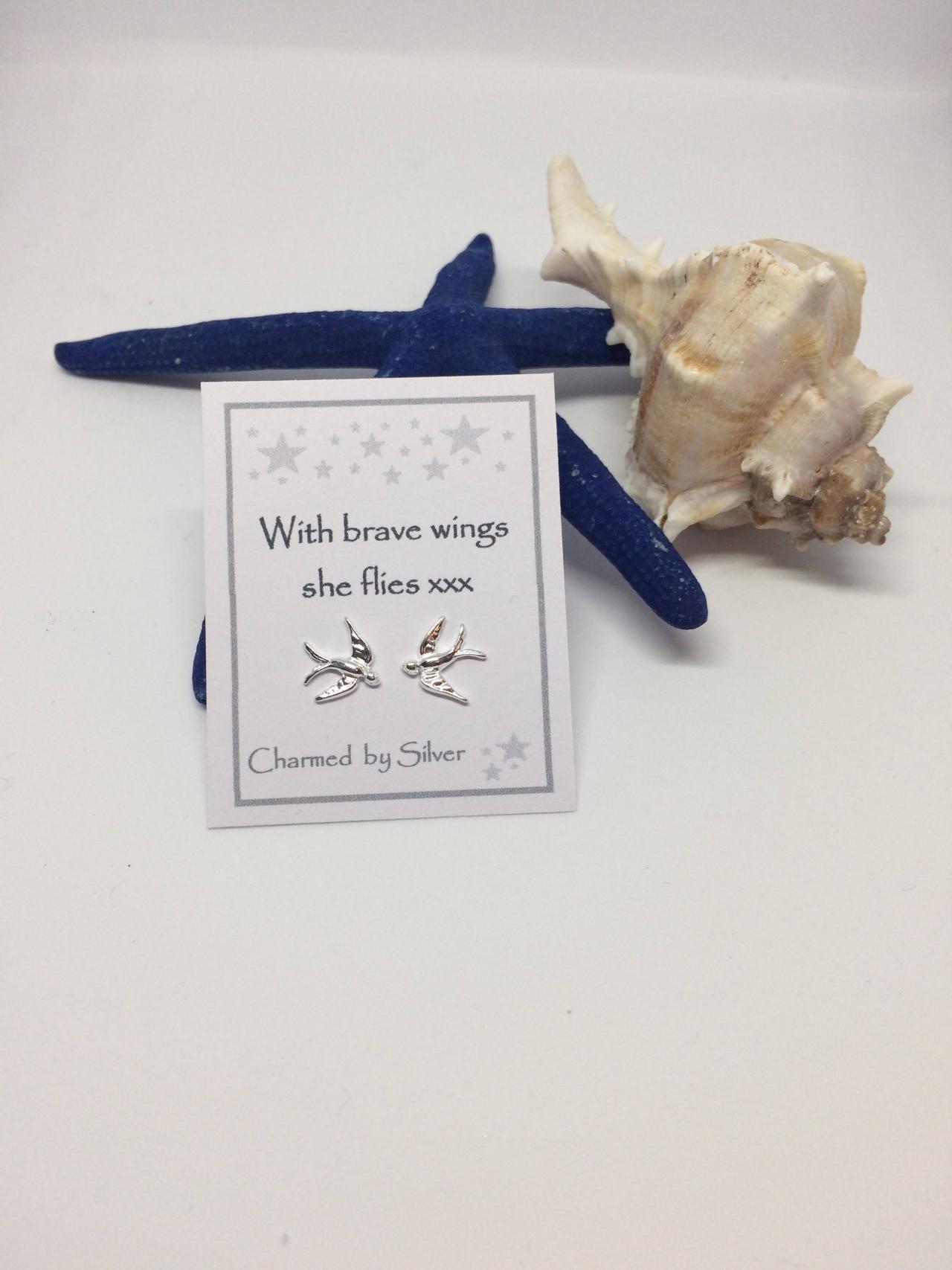 Sterling Silver Swallow Bird Stud Earrings With Message