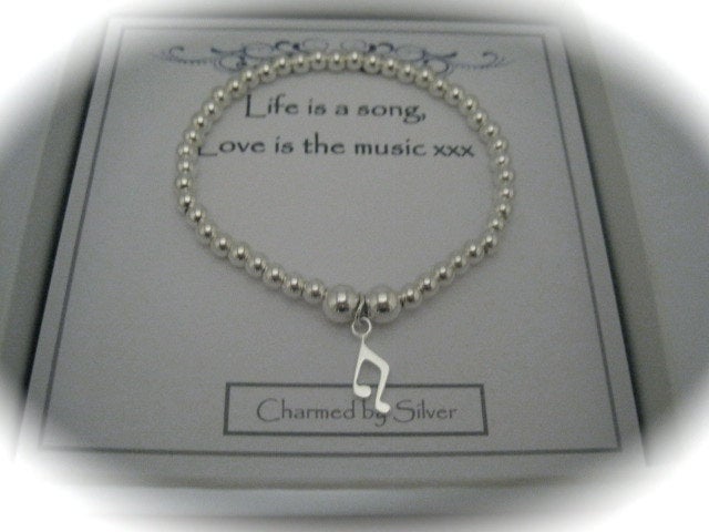 Sterling Silver Music Note Charm Stretch Bead Bracelet With A Message