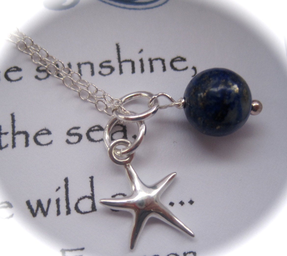 Sterling Silver Starfish Charm And Lapis Lazuli Gemstone Necklace