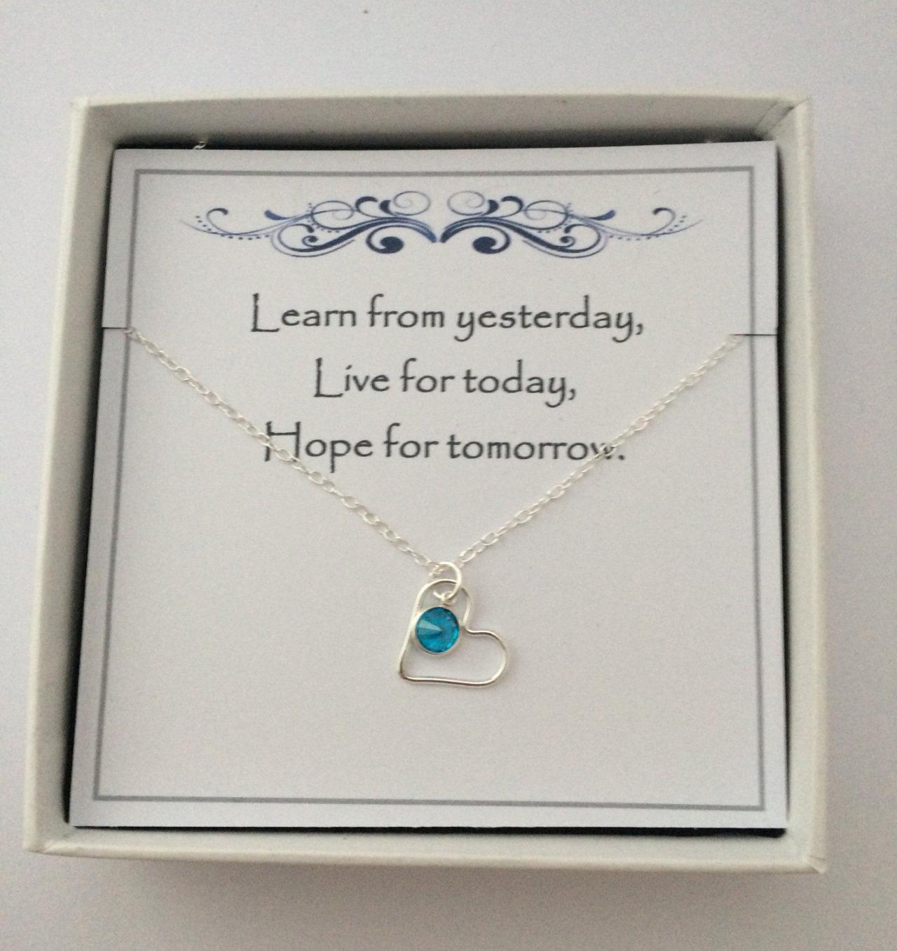 Sterling Silver Heart & Coloured Crystal Charm Necklace - Life Quote