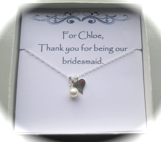 Bridesmaid Sterling Silver Stamped Heart & Freshwater Pearl Necklace