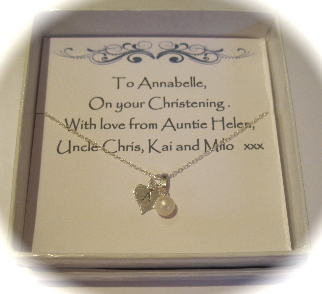 Christening Sterling Silver Hand Stamped Freshwater Pearl & Initial Heart Gift Box Necklace