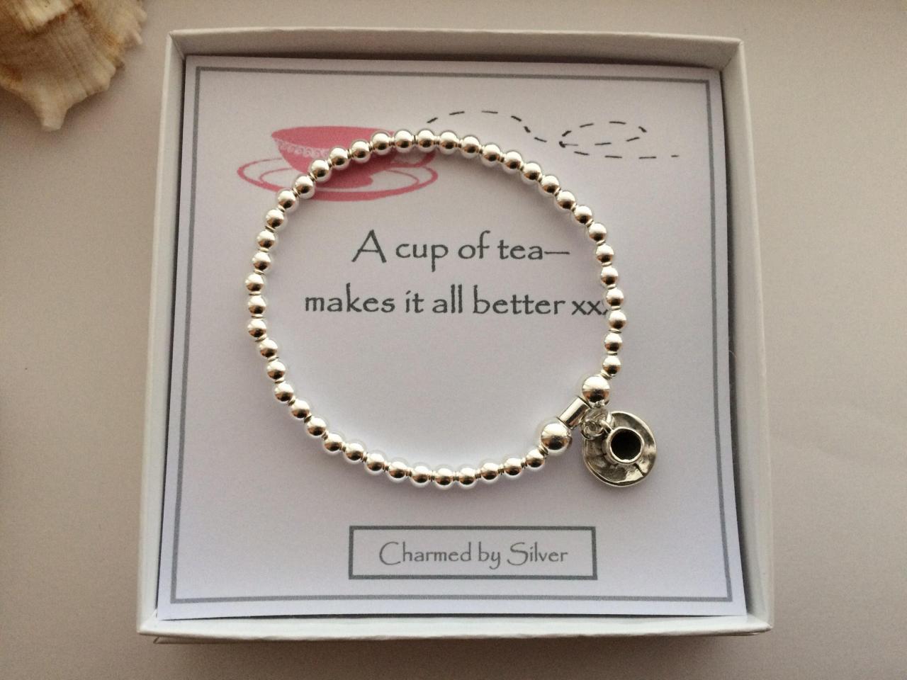Sterling Silver Teacup Charm stretch bead Bracelet - a perfect gift for a tea lover