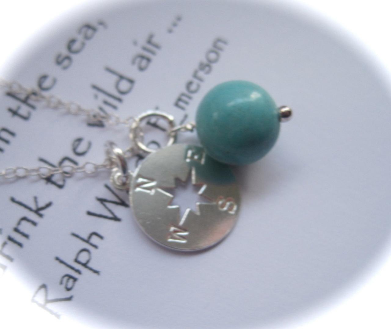 Sterling Silver Compass Charm And Turquoise Gemstone Necklace