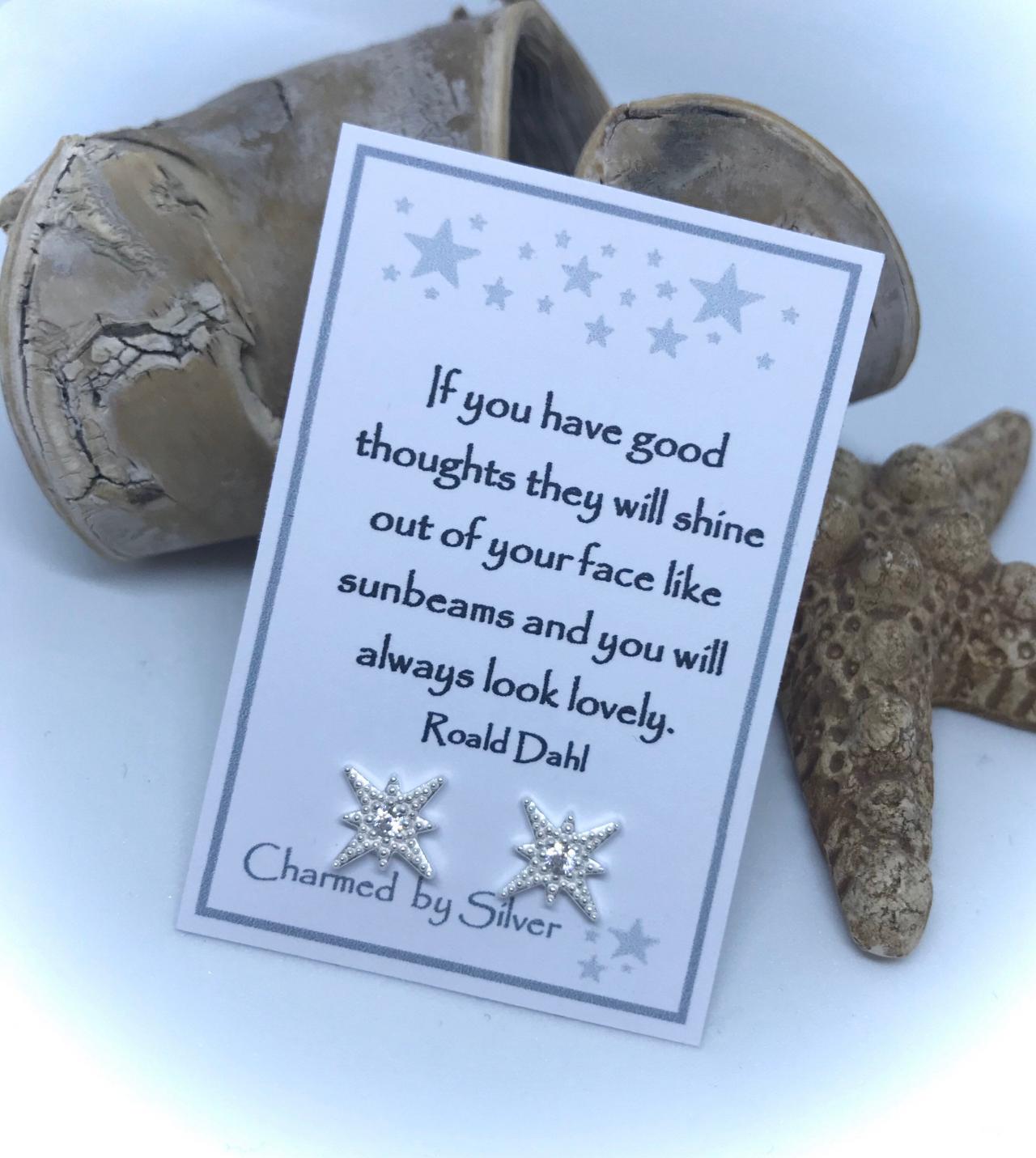 Sterling Silver Cubic Zirconia Star Stud Earrings With Happy Message