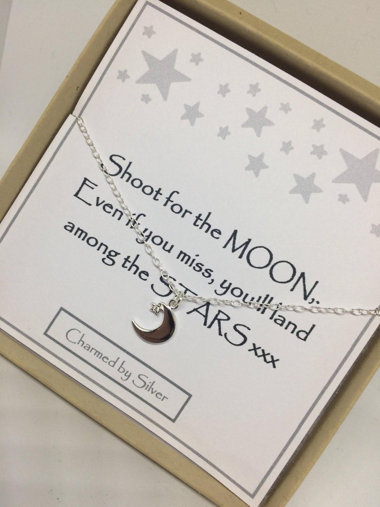 Sterling Silver Moon & Star Charm Necklace - A Perfect Gift - Shoot For The Moon Message