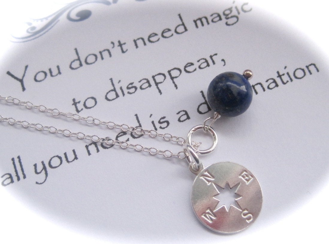 Sterling Silver Compass And Lapis Lazuli Gemstone Necklace For A Travel Journey