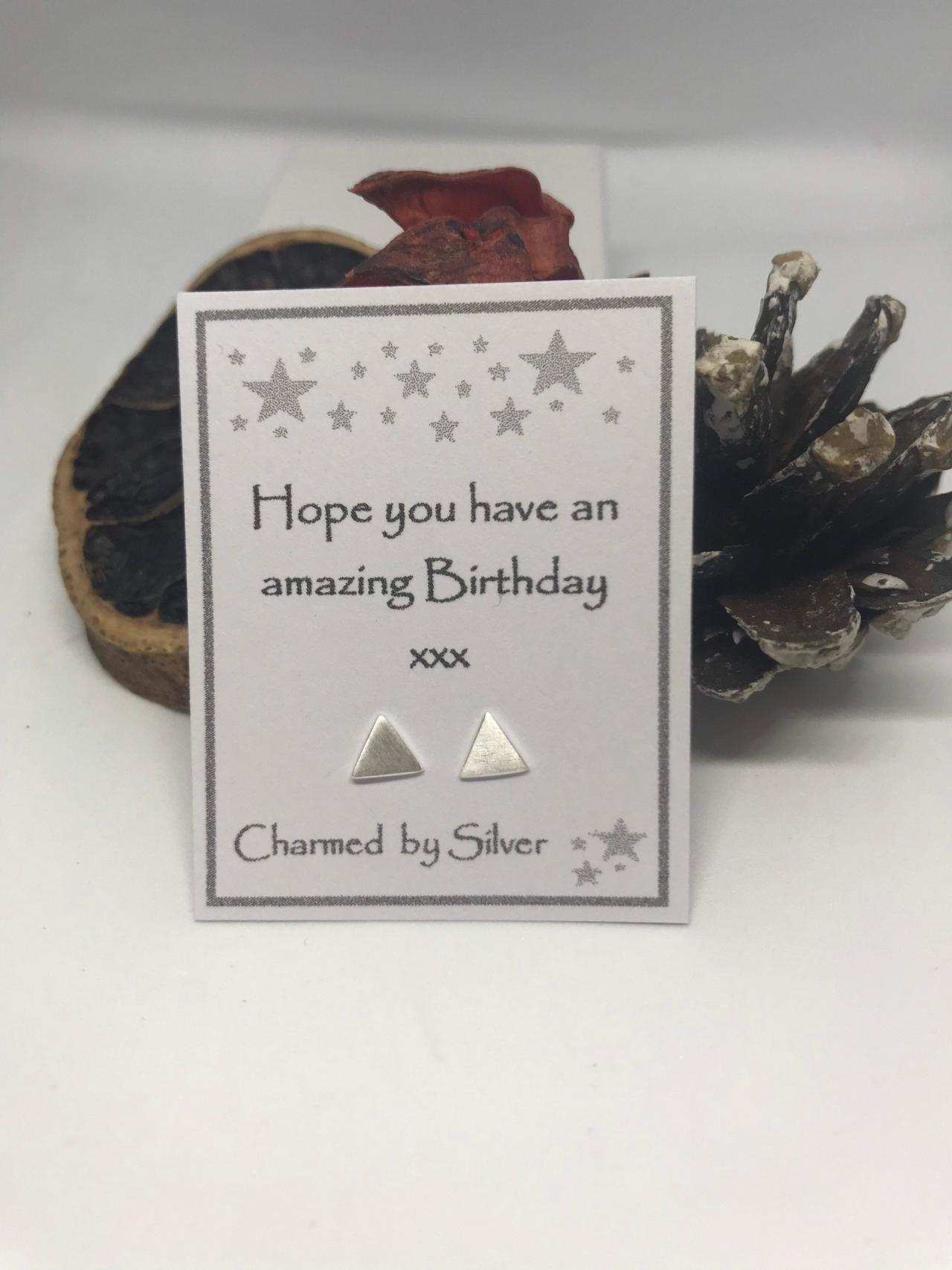 Sterling Silver Triangle Stud Earrings With A Birthday Message