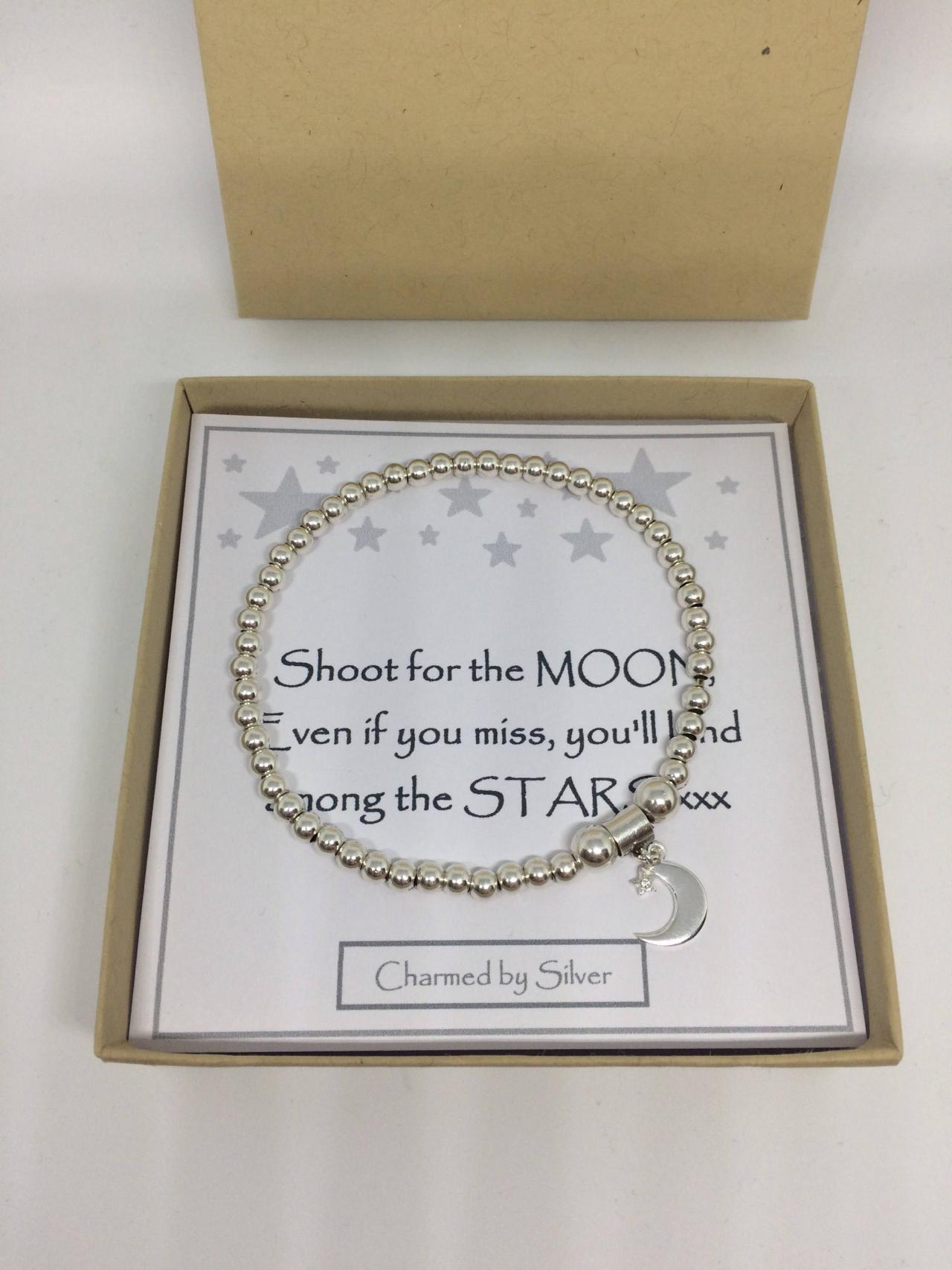 Sterling Silver Moon & Star Charm Stretch Bead Bracelet - A Perfect Gift - Shoot For The Moon Message