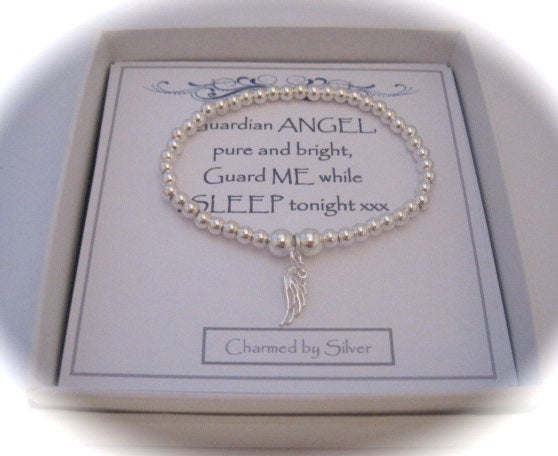 Sterling Silver Bead & Angel Wing Stretch Bead Bracelet With A Message
