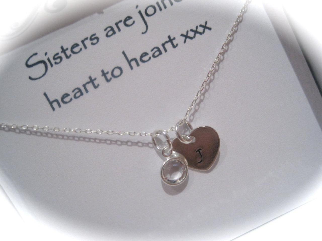 Sisters Are Joined Heart To Heart Sterling Silver Hand Stamped Heart & Birthstone Crystal Necklace
