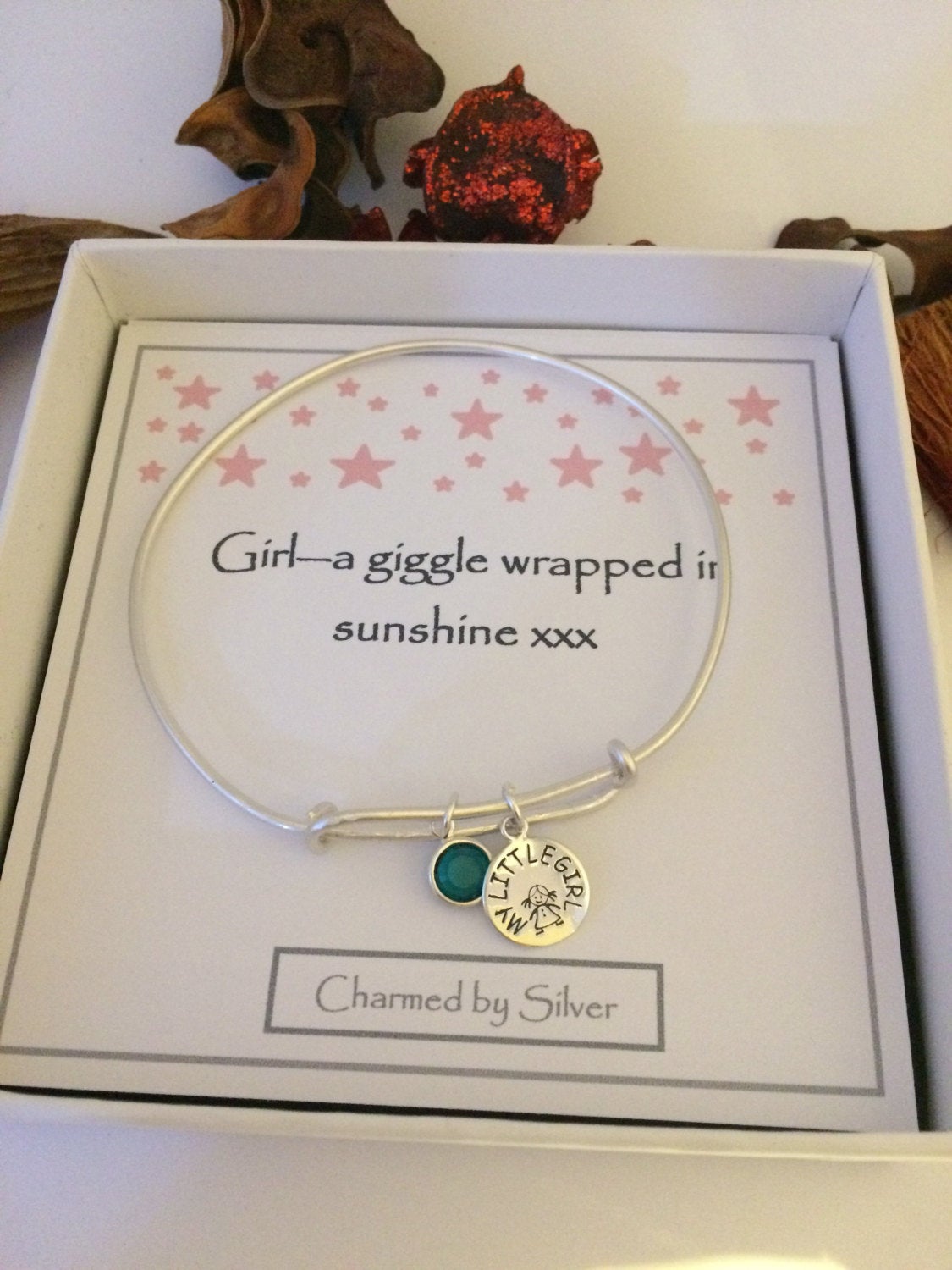 Sterling Silver Hand Stamped My Little Girl & Birthstone Extendable Bangle - Perfect For A Mum Or A Daughter
