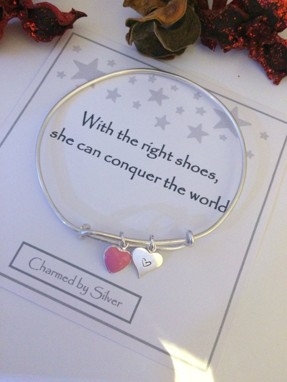 Sterling Silver Duo Heart Charm Extendable Bangle - You Are My World
