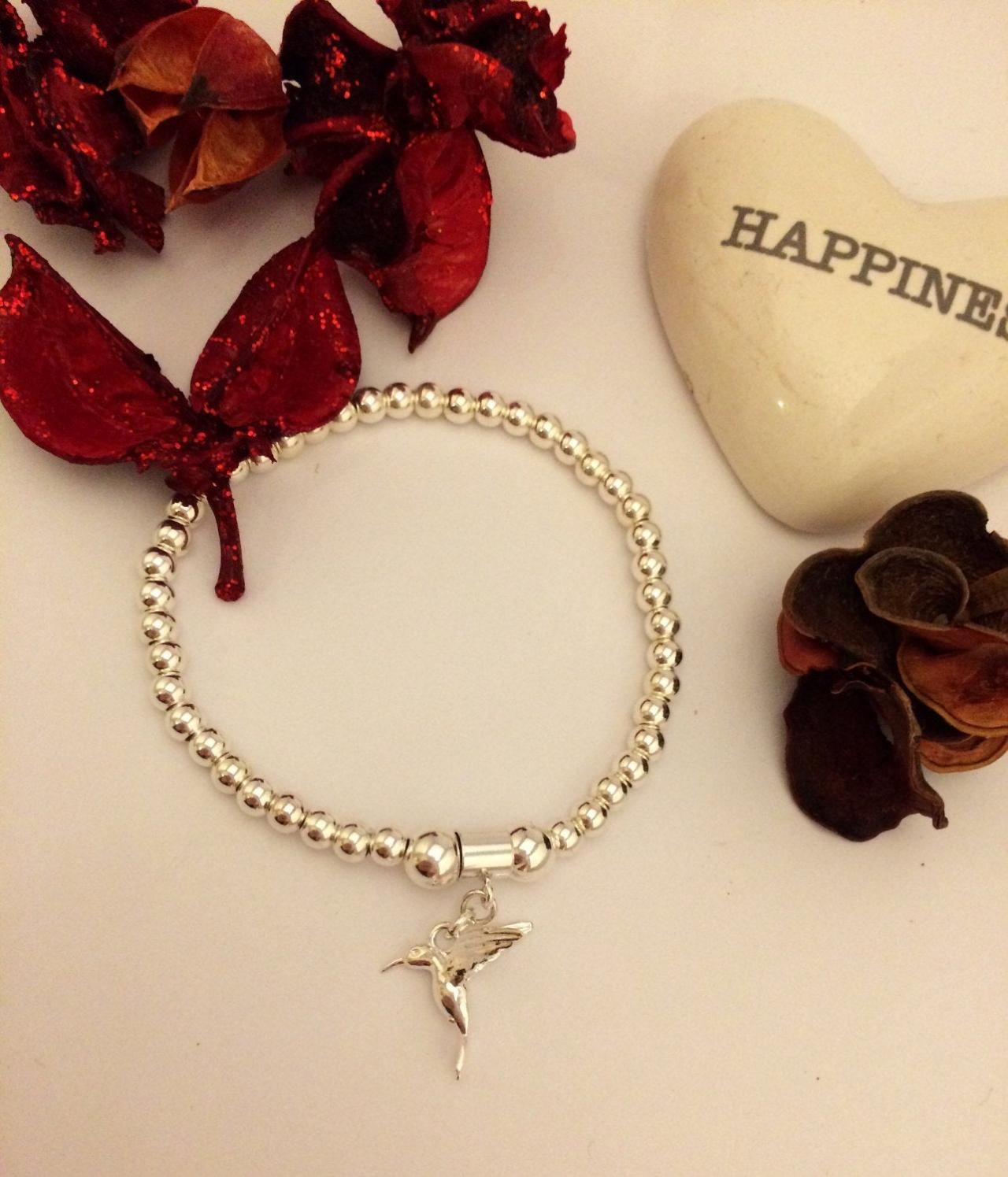Sterling Silver Hummingbird Charm Stretch Bead Bracelet With A Message