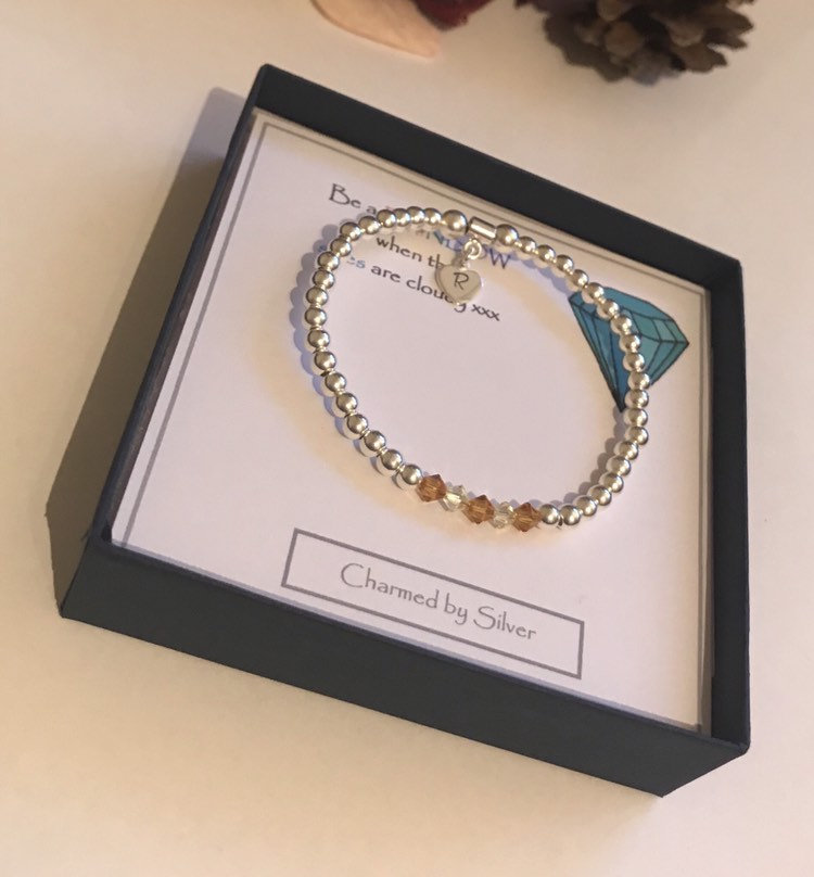 Swarovski Crystal 'sunflower' Initial Heart Sterling Silver Bead Bracelet