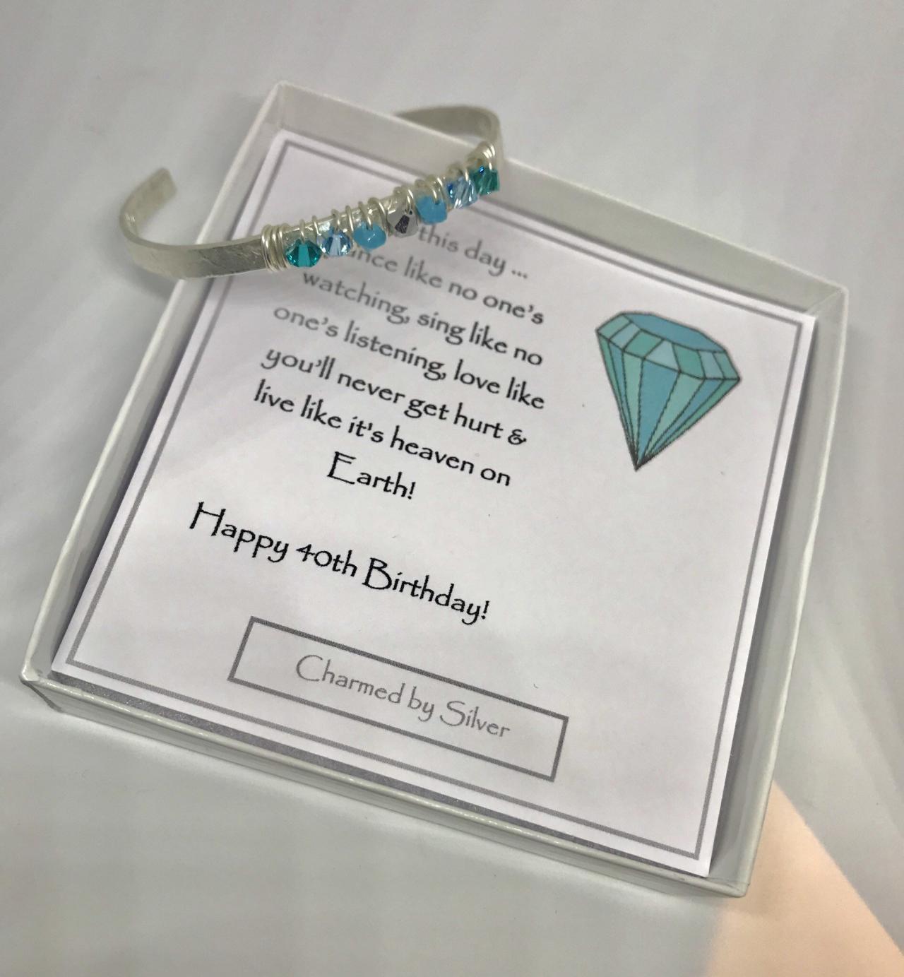 Sterling Silver Bohemian Swarovski Shades Of Blue Crystal Cuff Bangle With Birthday Message