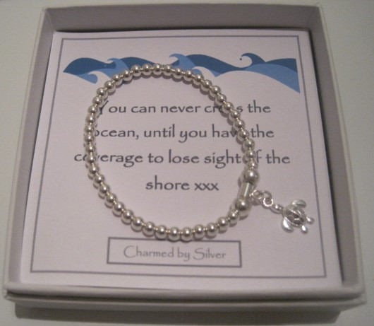 Sterling Silver Turtle Charm Stretch Bead Bracelet - You Can Never Cross The Ocean Until You Have Courage To Lose Sight Of The Shore