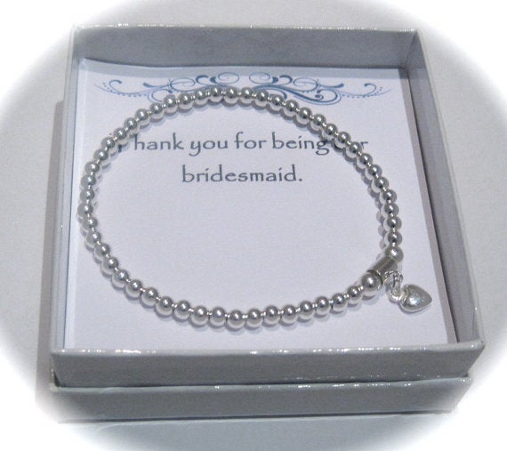 Serenity Bridesmaid - Sterling Silver puffed heart and stamped heart stretch bead Bracelet