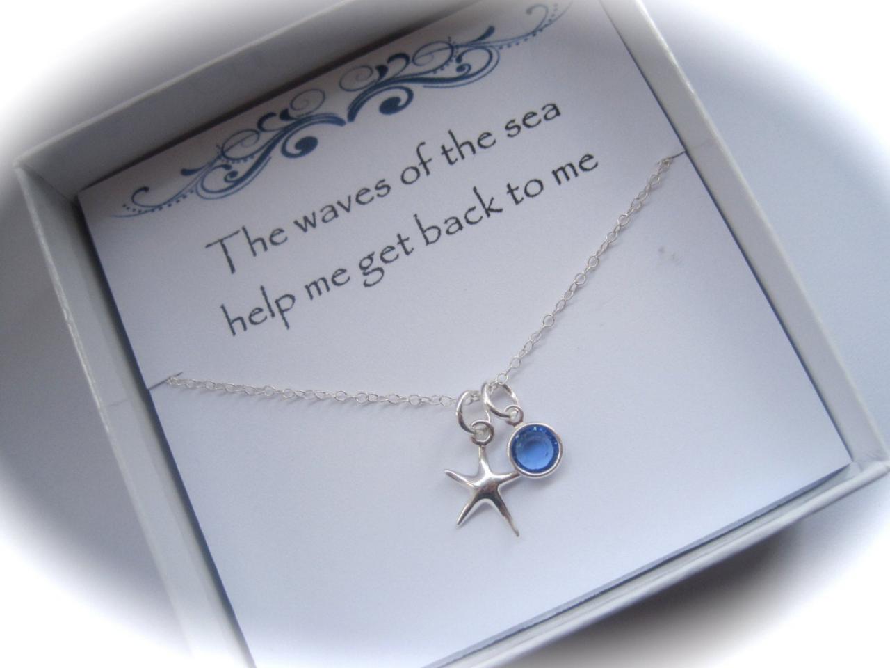Sterling Silver Starfish And Coloured Birthstone Swarovski Crystal Necklace