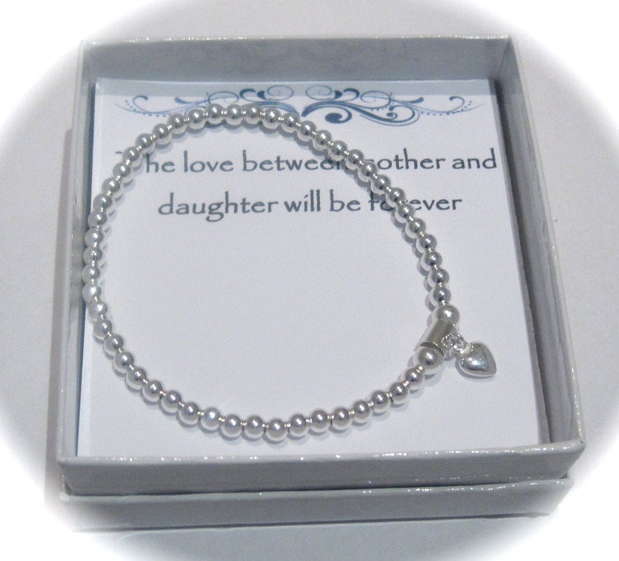 Daughter Sterling Silver Puffed Heart Stretch Bead Bracelet