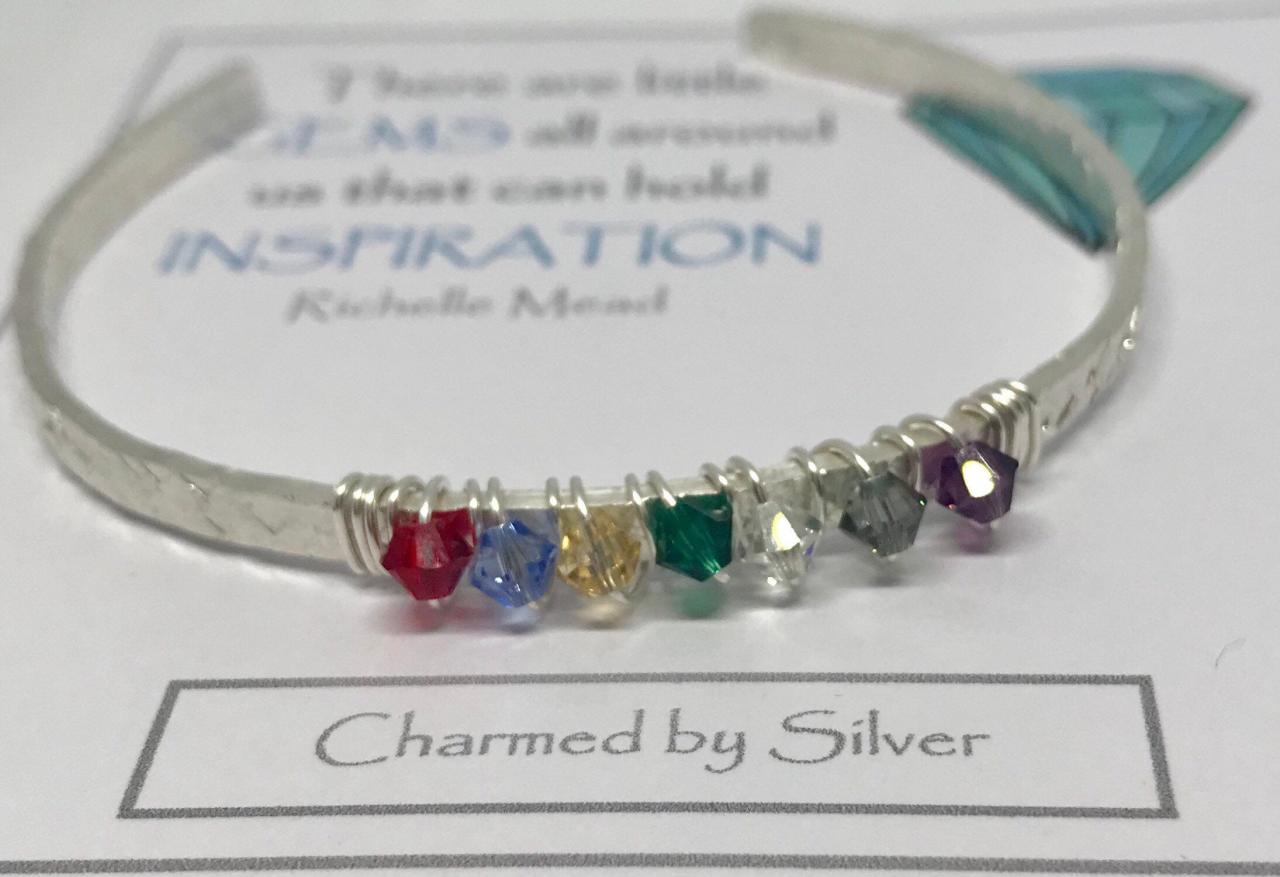 Sterling Silver Bohemian Swarovski Rainbow Crystal Cuff Bangle With Birthday Message