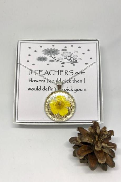Teacher thank you gift - a real buttercup Memory Necklace with 'If Teachers were flowers I could pick then I would definitely pick you'