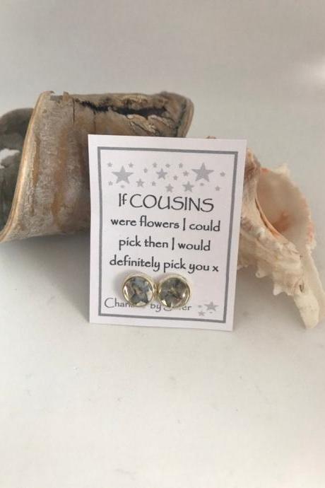 Available for immediate despatch - dried flower earrings with a message for a Cousin x