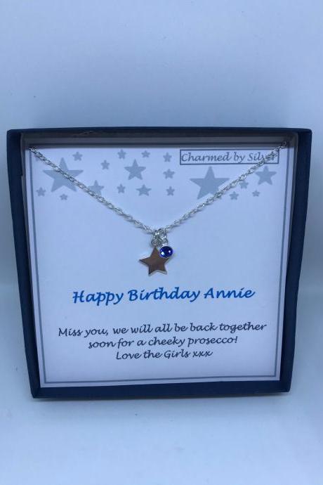 Birthday Sterling Silver Star & Birthstone Charm Necklace with add your own message