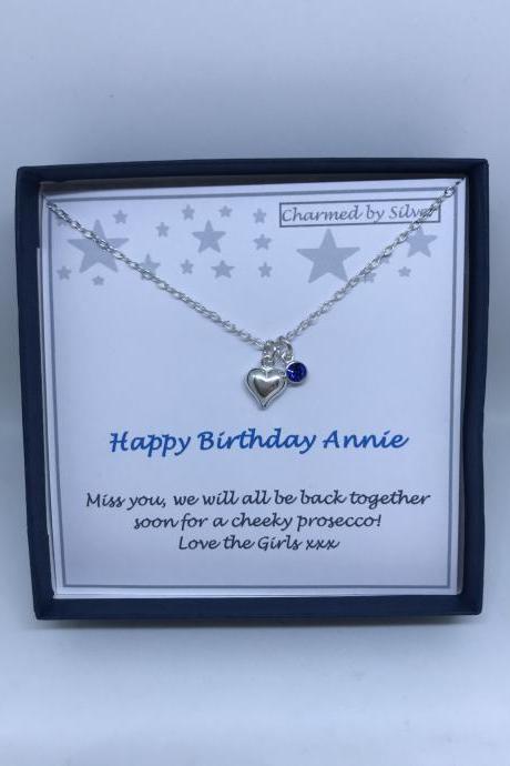 Birthday Sterling Silver Heart & Birthstone Charm Necklace with add your own message