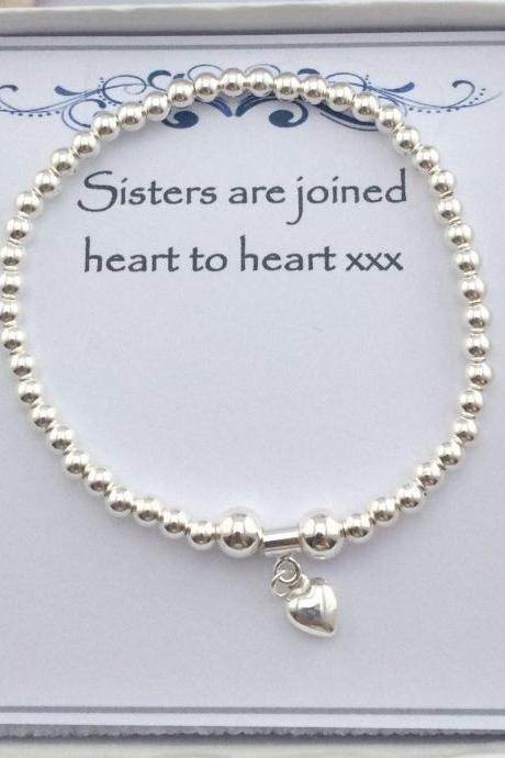 Sterling Silver Puffed Heart Charm Sister Stretch Bead Bracelet