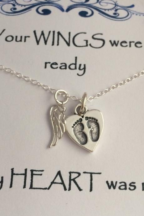 Keepsake Remembrance Sterling Silver Heart Baby Footprints & Angel Wing Necklace Your WINGS were ready but my HEART was not