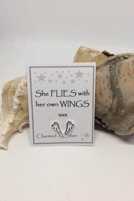 Sterling Silver Wing stud Earrings with Message